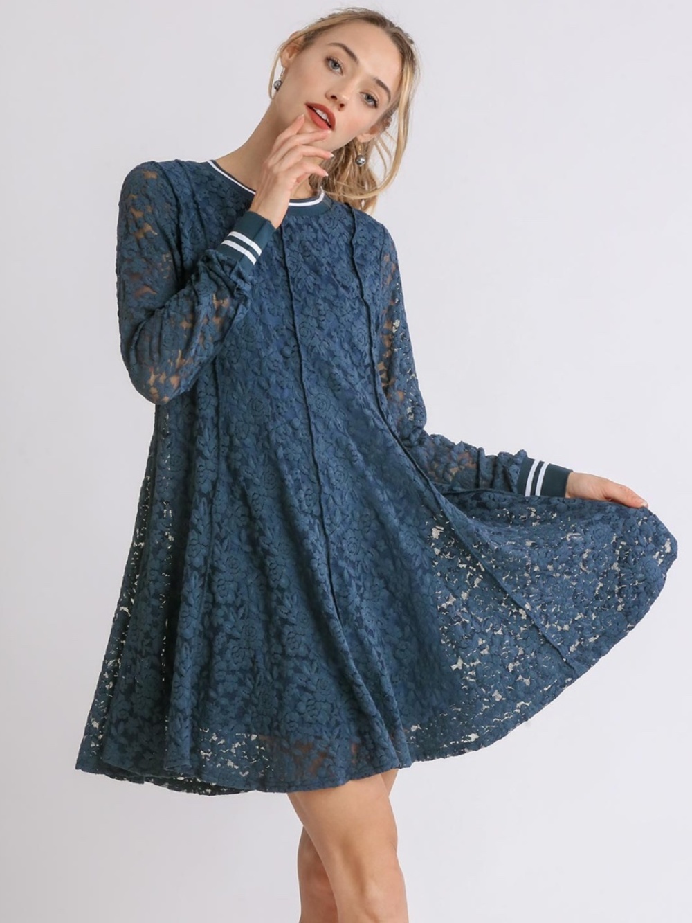 Umgee Blue Lace Long Sleeve Dress Ribbed Trim Lined NWT